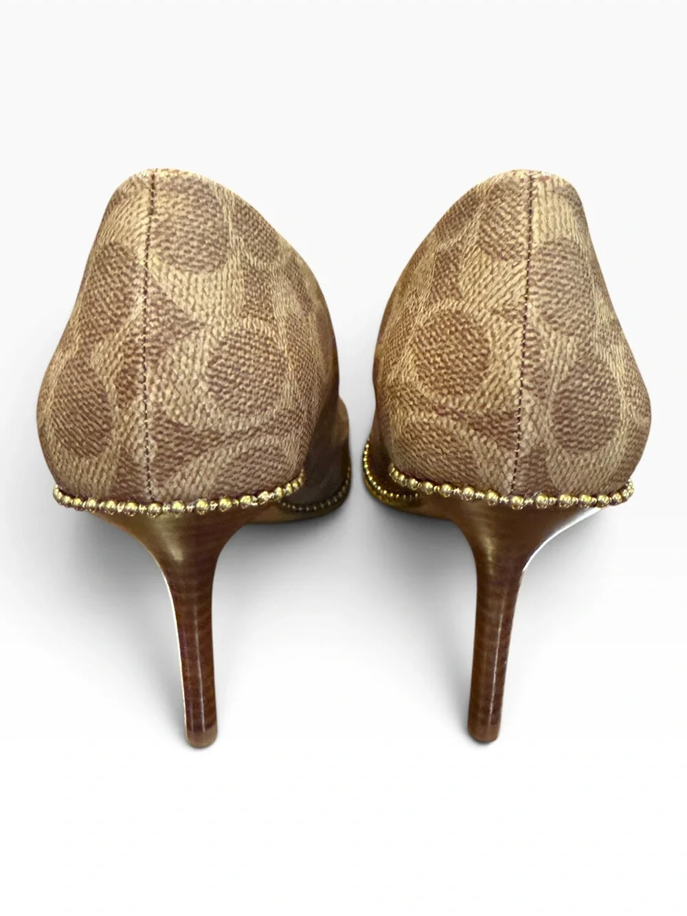Coach Signature C Waverly Pointed Toe Pumps 7.5 B Brown Tan Bead Chain Heels